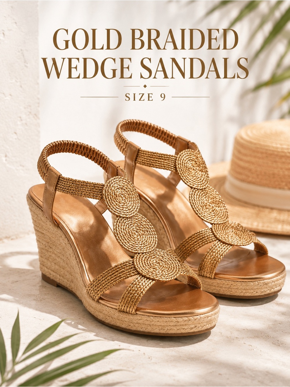Gold Braided Espadrille Wedge Sandals Size 9 Metallic Platform Slingback